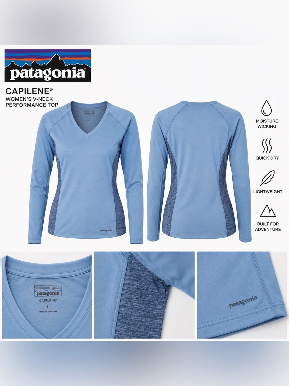 Patagonia Capilene V-Neck Long Sleeve Performance Base Layer Blue Women’s L
